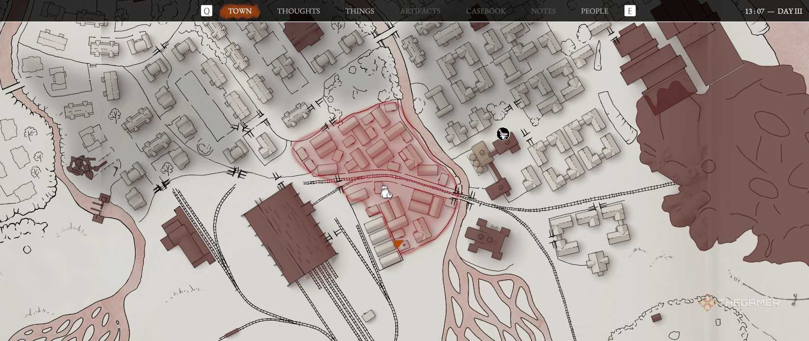 A warehouse district where riots are taking place on Pathologic 3's map screen.