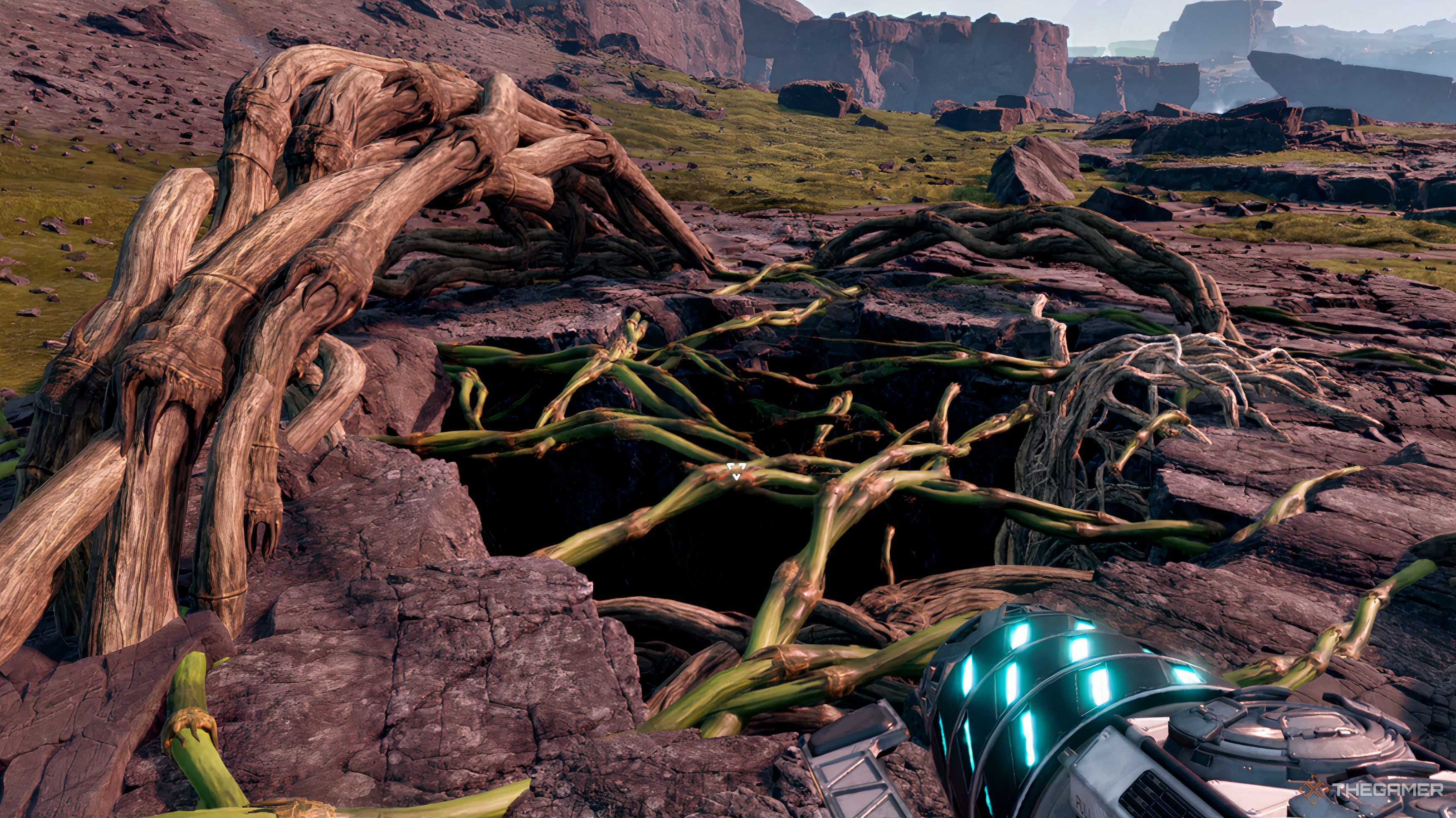Underground cave covered in vines in StarRupture.