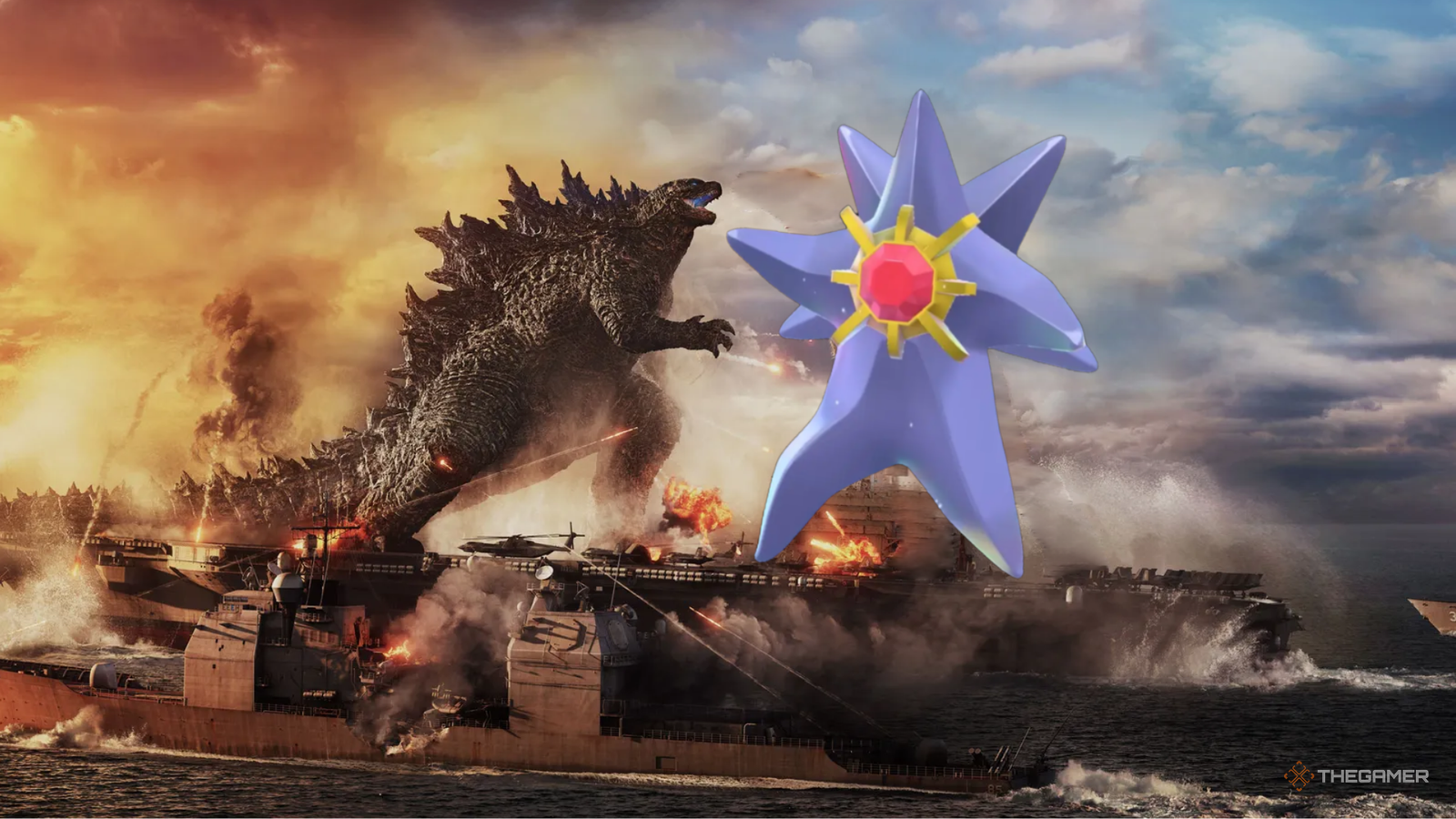 Mega Starmie on a ship fighting godzilla.