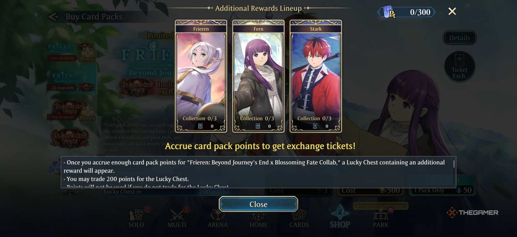 Frieren Beyond Journey's End redemption ticket lineup for Shadowverse: Worlds Beyond.