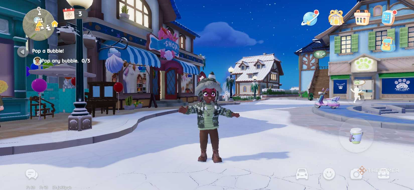 A player in the snow wearing warm clothes in Heartopia.