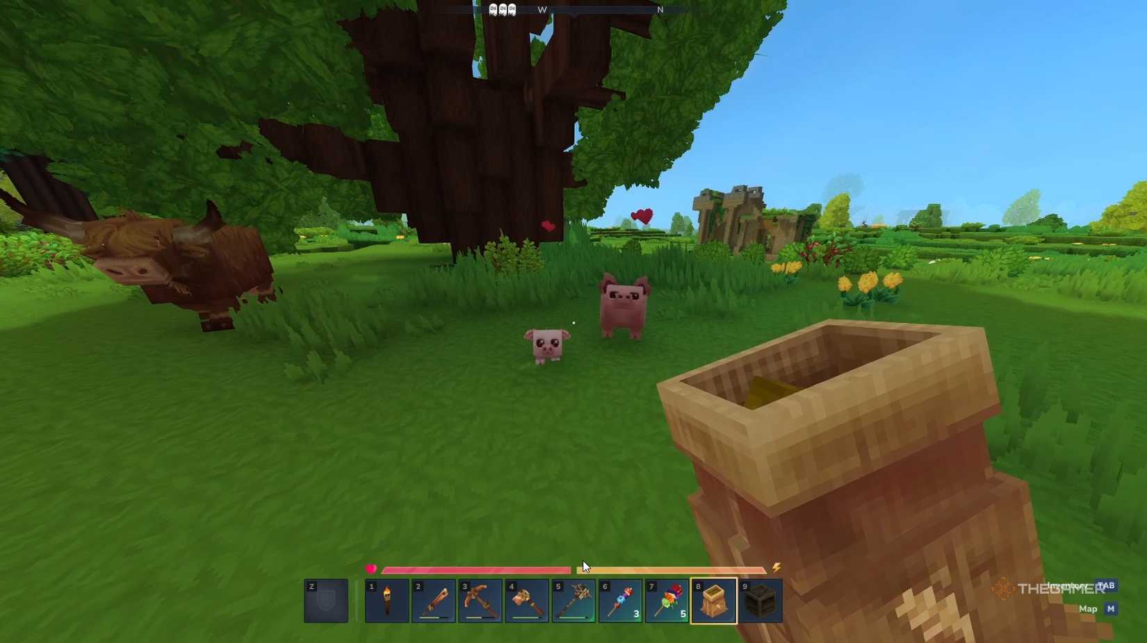 Using a pig feed sack in Hytale to trap animals.