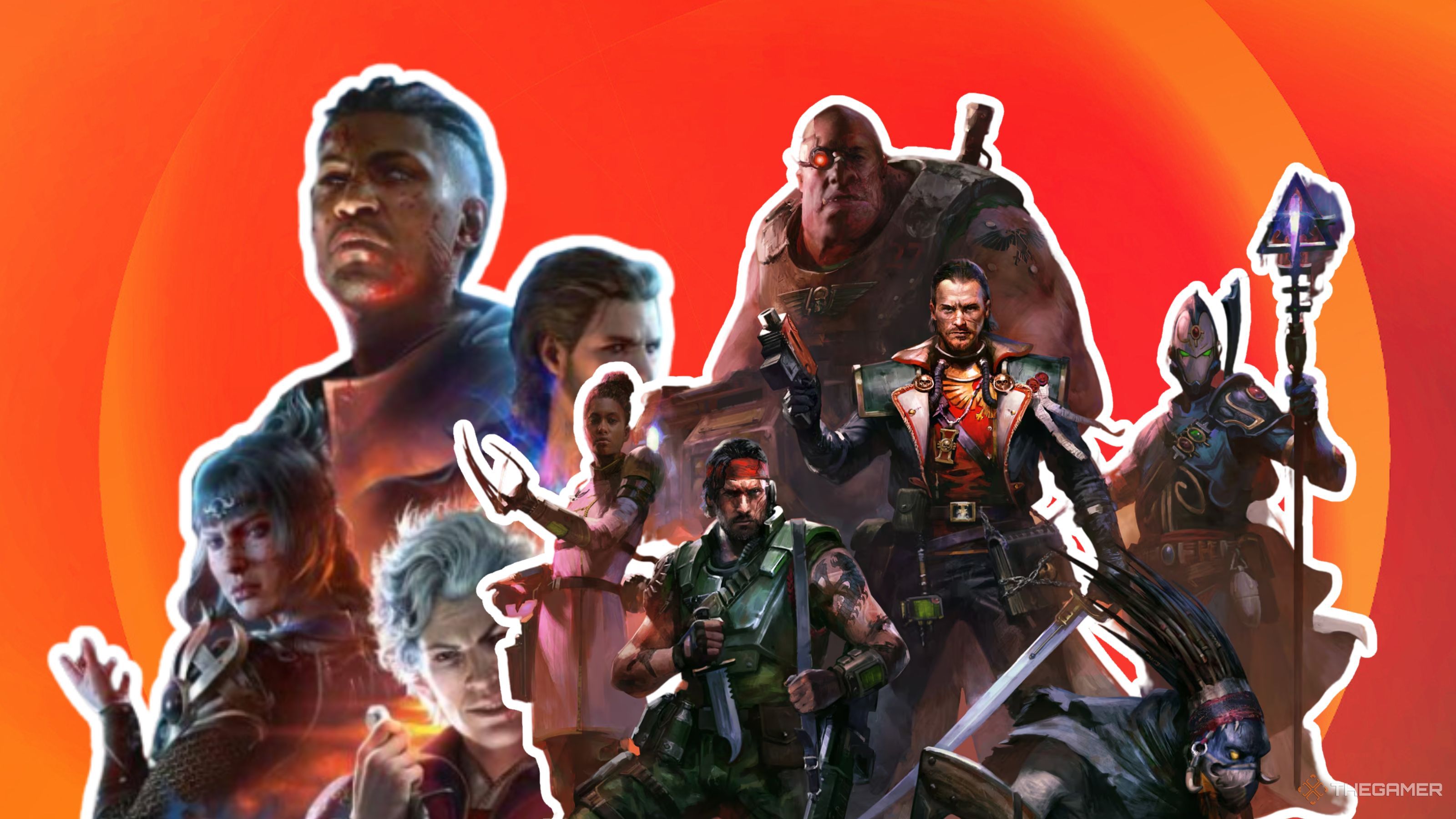 Warhammer Dark Heresy and Baldurs Gate 3 cast on a glowing background