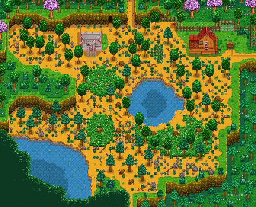 A screenshot of the Wildnerness Farm type in Stardew Valley.