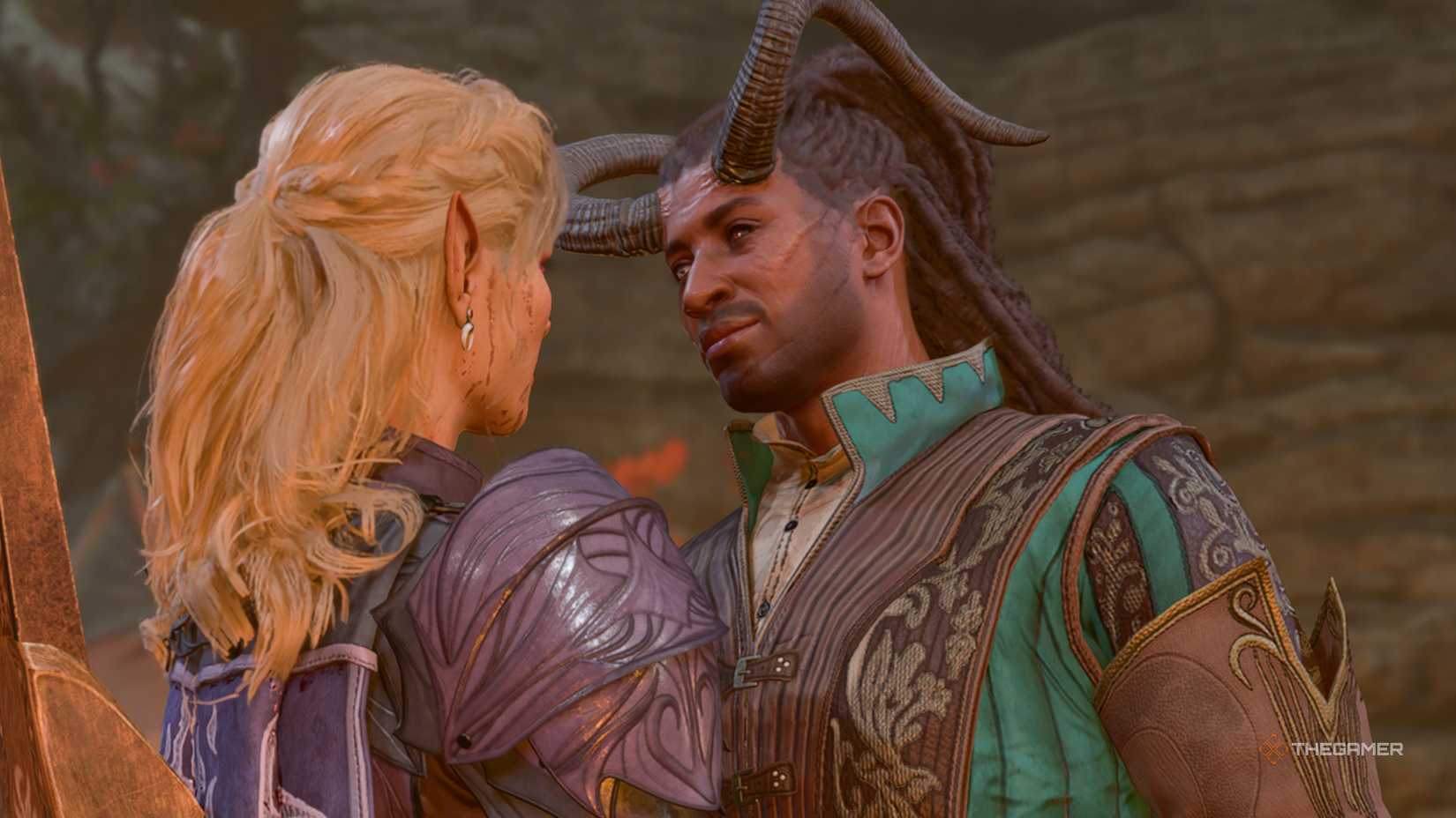 Baldur's Gate 3 is about to kiss the player character while smiling.