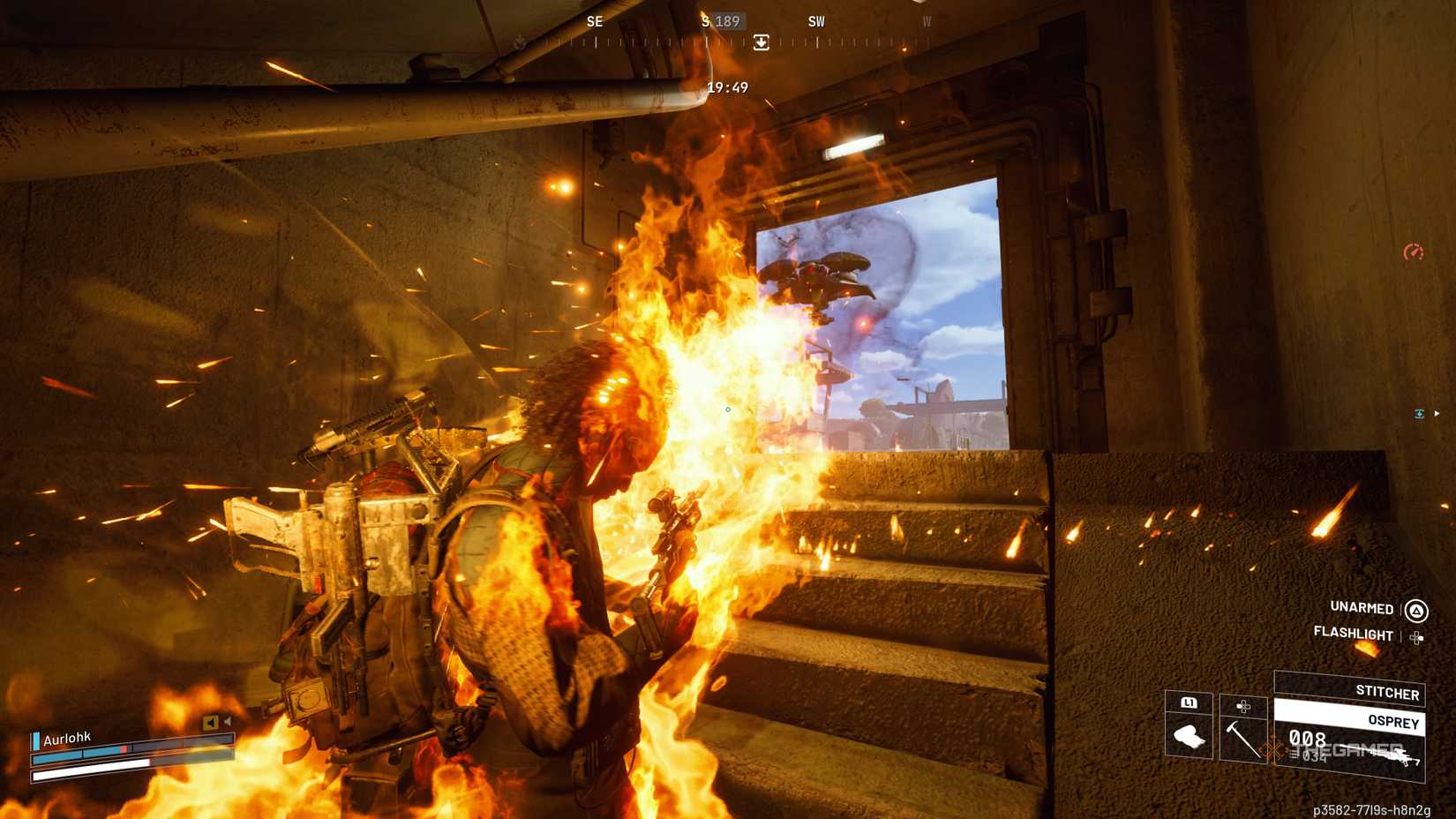 Player raiders are set on fire in a stairwell by a firefly with its flamethrower in the spaceport in Arc Raiders.