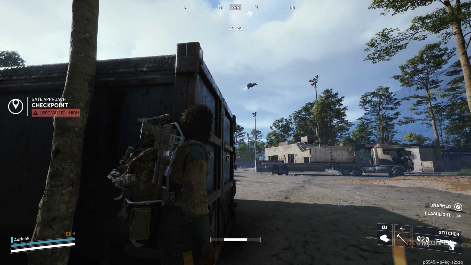 Player raider watching a Firefly pass through the Checkpoint POT at The Blue Gate in Arc Raiders.