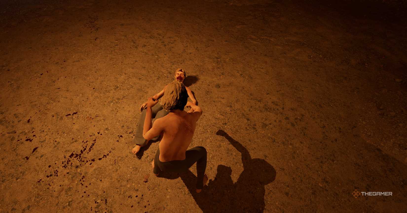 A man punching a boy in half a sword.