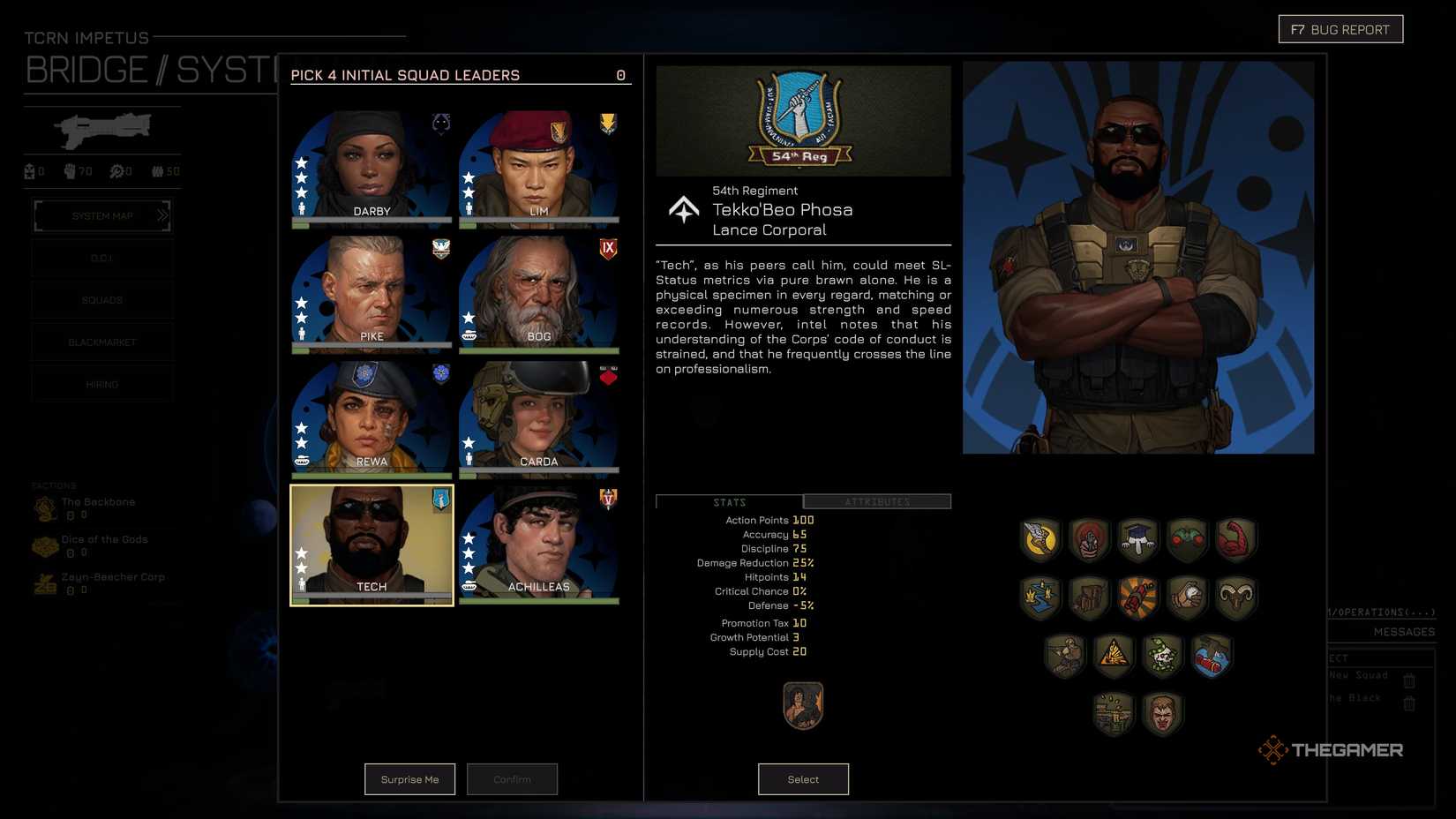 Squad Leader Tekko'Beo Phosa in Menace in the squad leader selection screen.