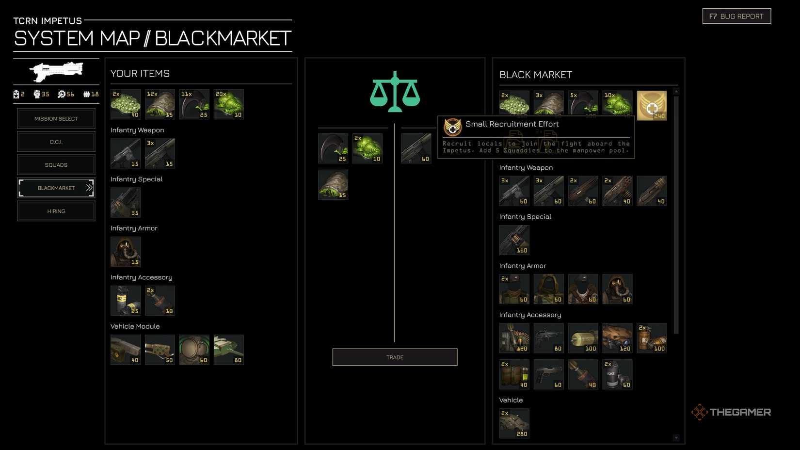 Small Recruitment Effort item highlighted on the Menac black market.