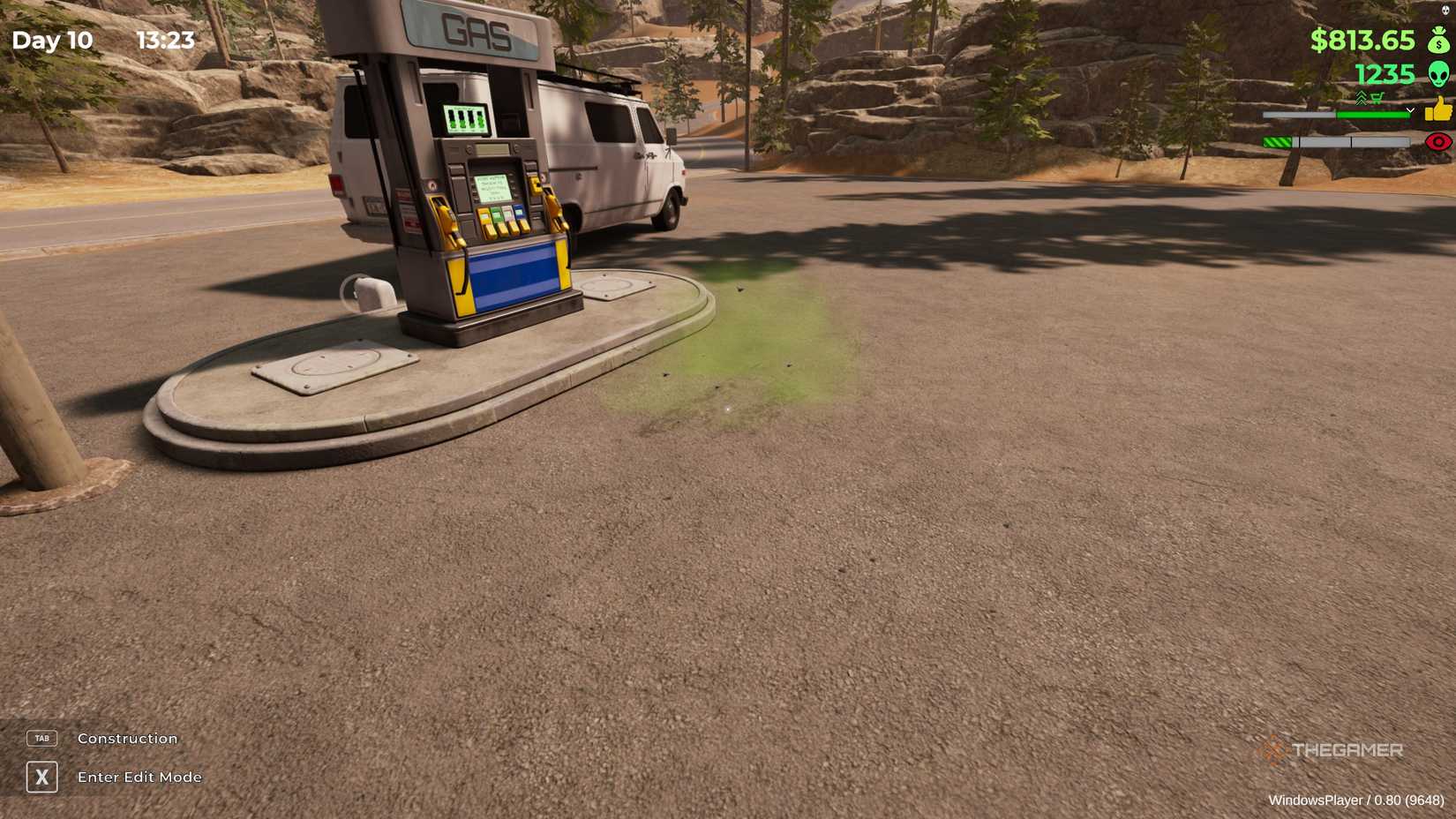 A green stink cloud arising from a spot at the gas pumps in roadside research.