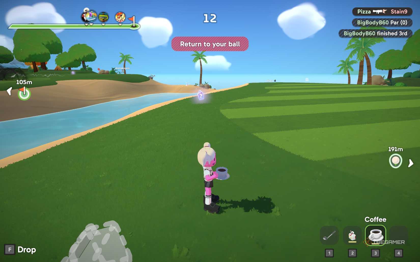 Drinking coffee at Super Battle Golf.