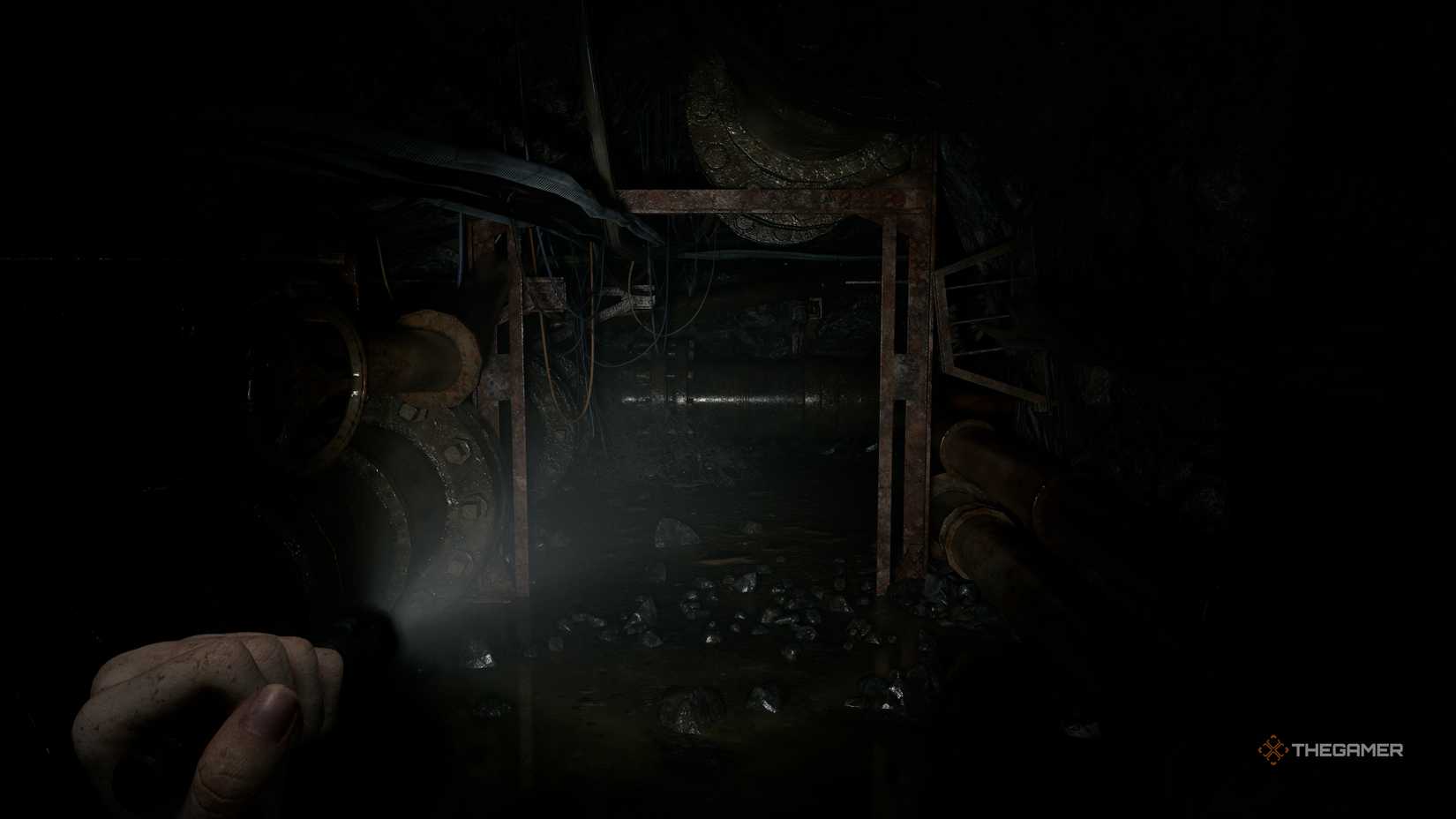 In Resident Evil Requiem, Grace Ashcroft shines a flashlight down a tunnel.