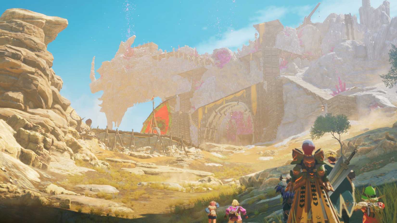 The party looking at the giant crystallised dragon in Tarkuan in Monster Hunter Stories 3.