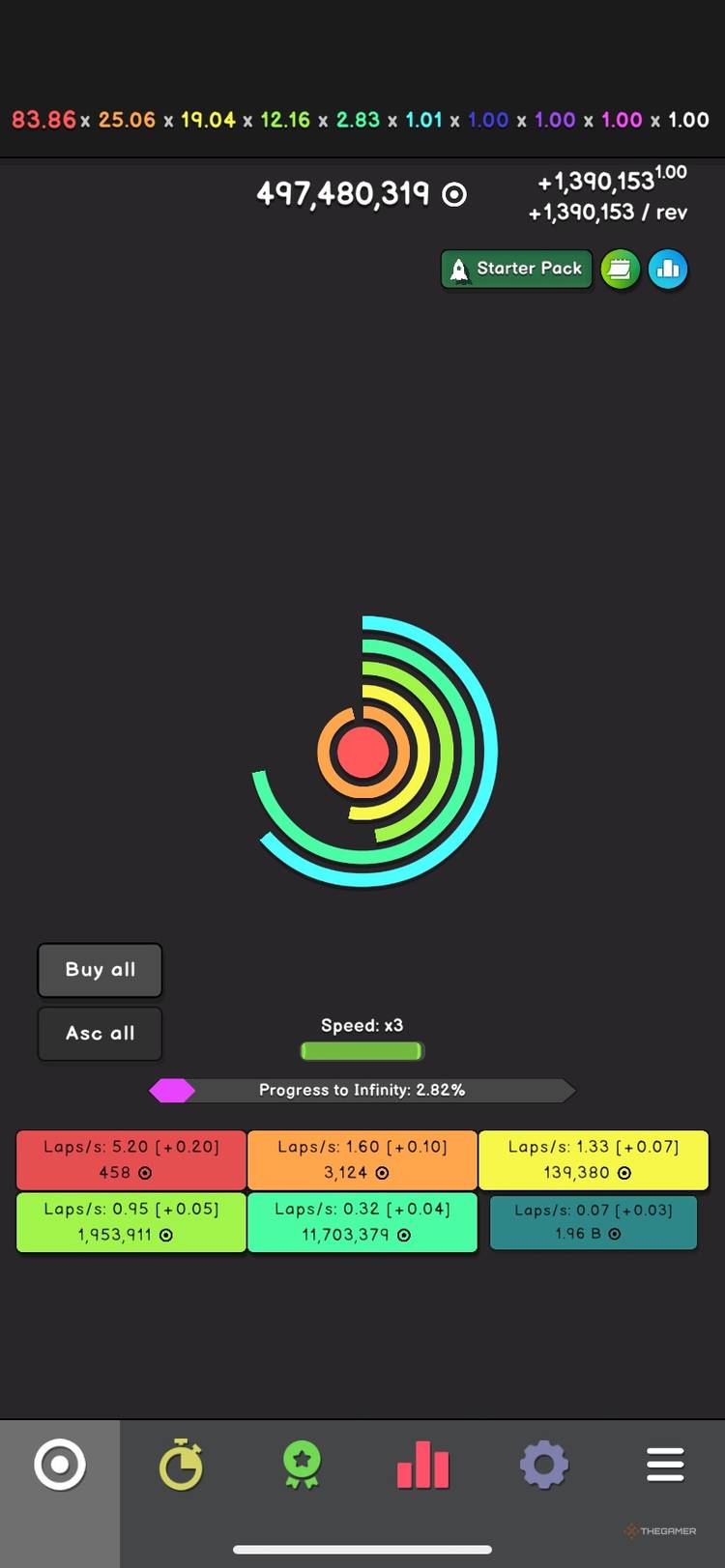 A circle with five colors unlocked in Revolution Idle.