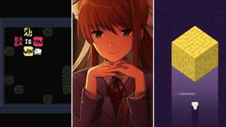 A collage of a Baba is You puzzle, Monika from Doki Doki Literature Club looking at the screen, and the Fez shape puzzle.