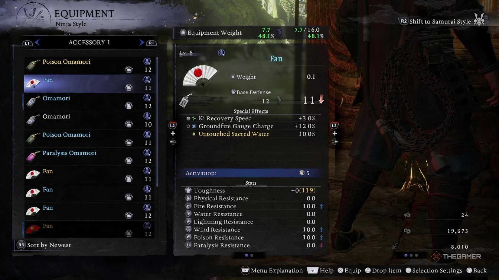 A fan accessory with a ki regeneration speed effect for the best kusarigama weapon build in Nioh 3.