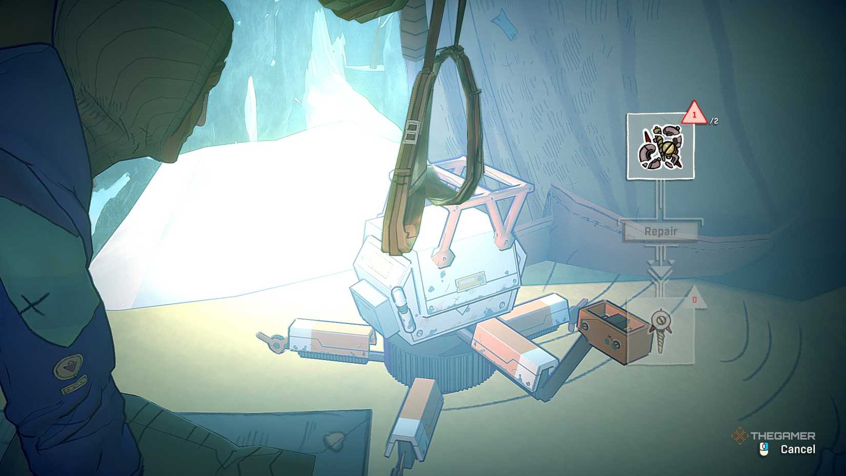 Aava looks at the climbbot as she does cairn staples.