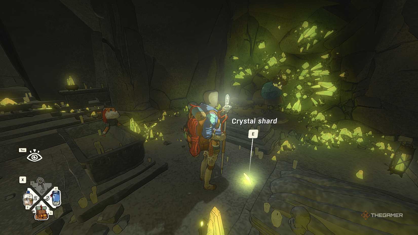 Aave next to the crystal shard on the floor near the Crystal Cutter in the Cairn.