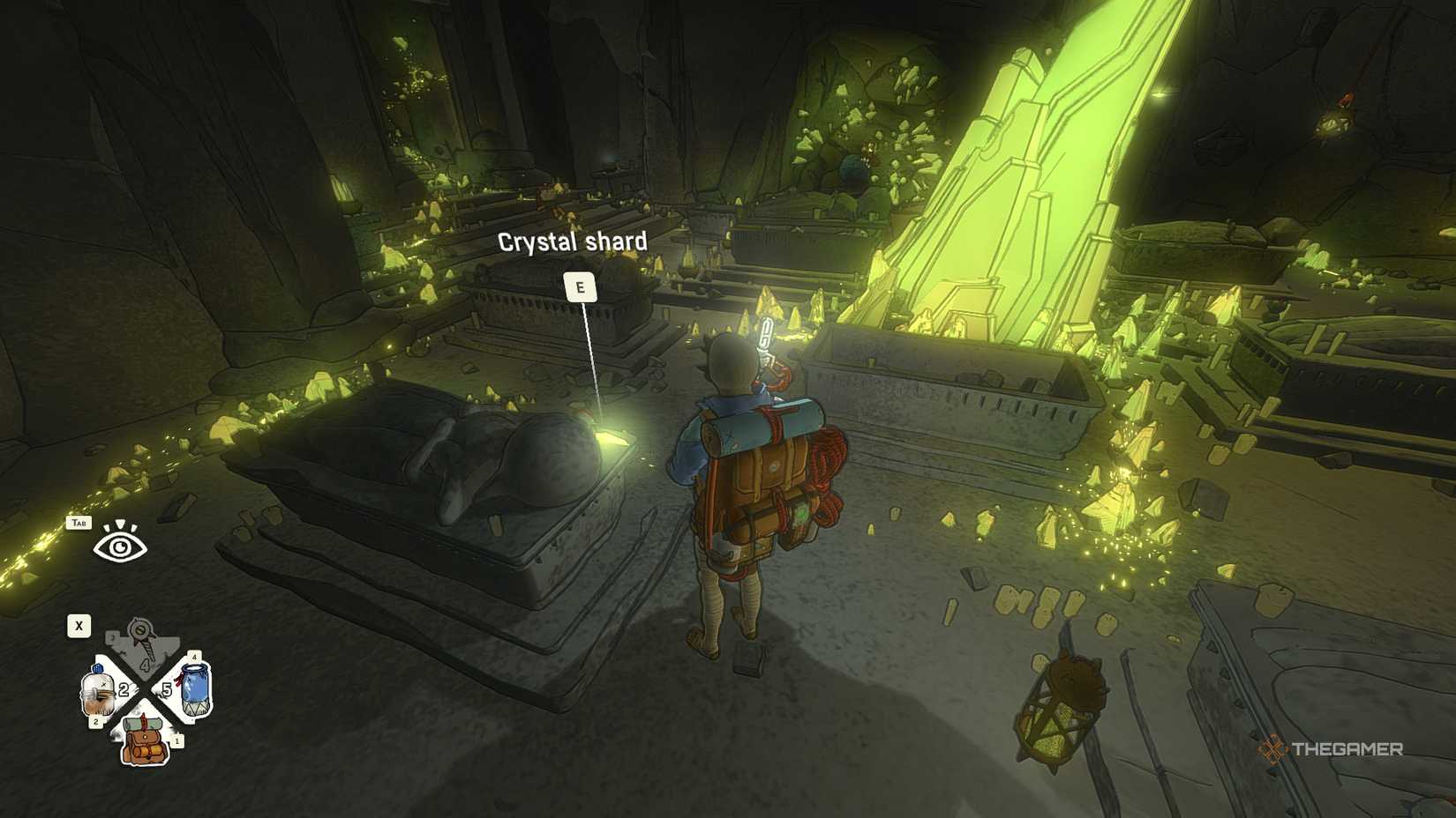 Aave standing by the crystal shard in the Cairn.