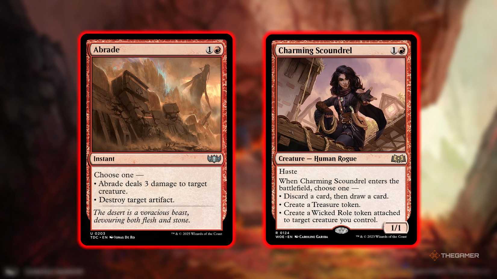 Grinding and charming rogue MTG cards against a blurred mountain.