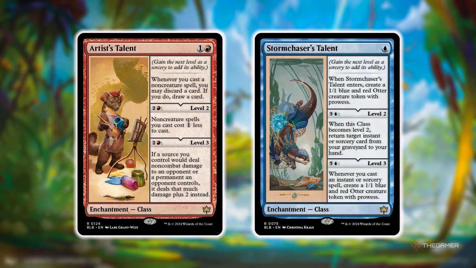 MTG Artist's Talent and Stormchaser's Talent cards against Blur Island.