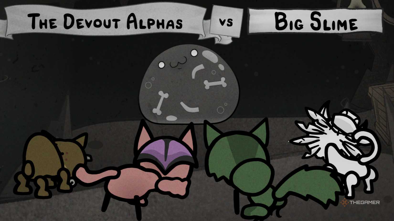 The Devout Alphas squaring off against Big Slime in Mewgenics.