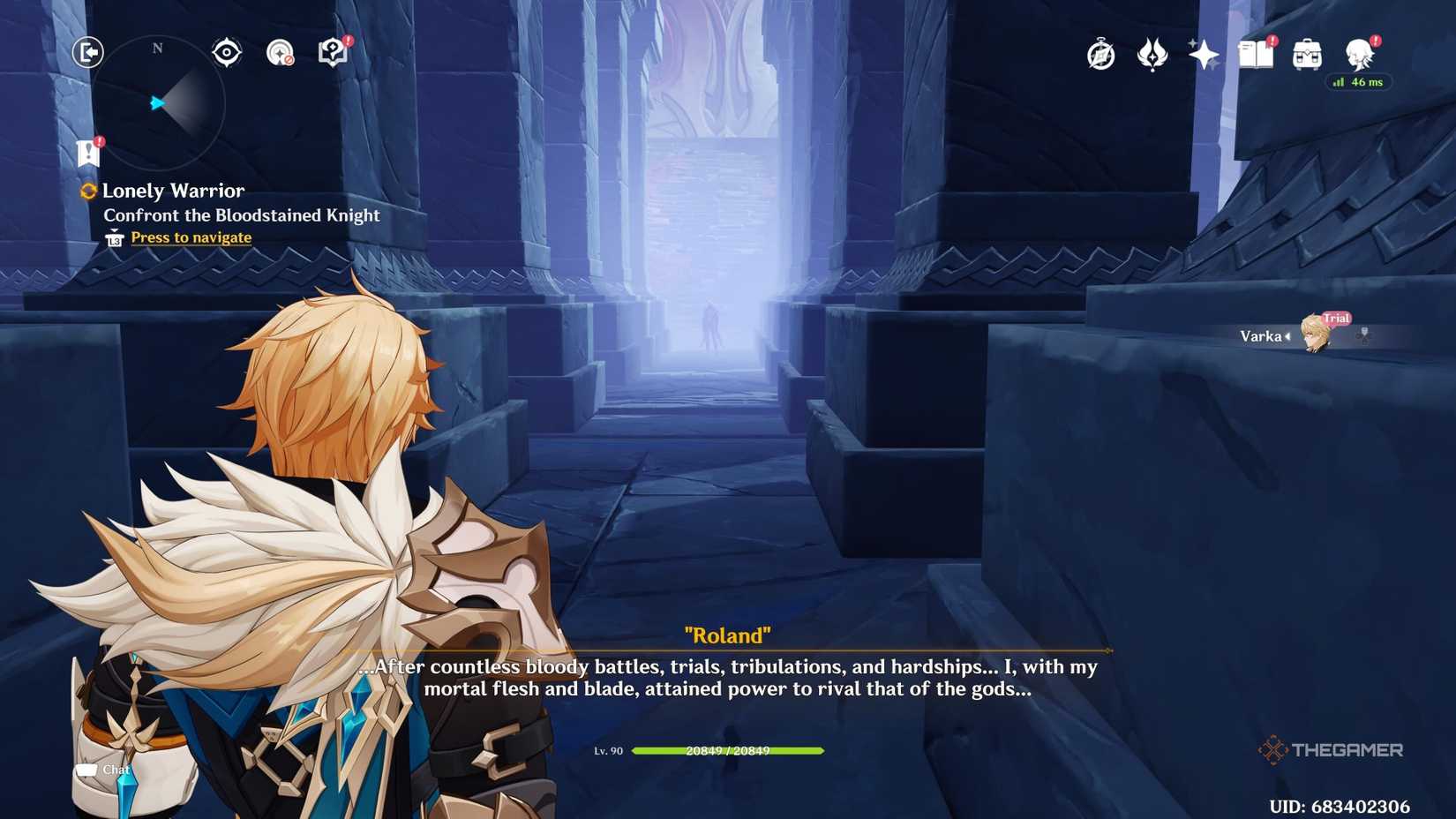 Chasing Roland through the maze in the Heart of the Wolf in Genshin Impact as Varka.