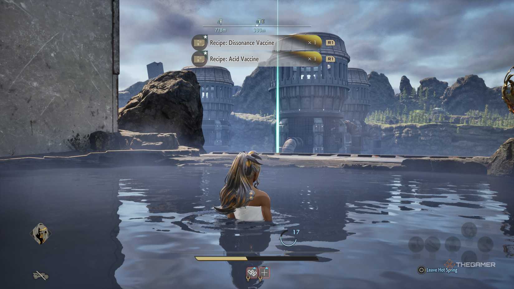 The player unlocks crafting recipes for relaxing at the hot spring in Code Vein 2.