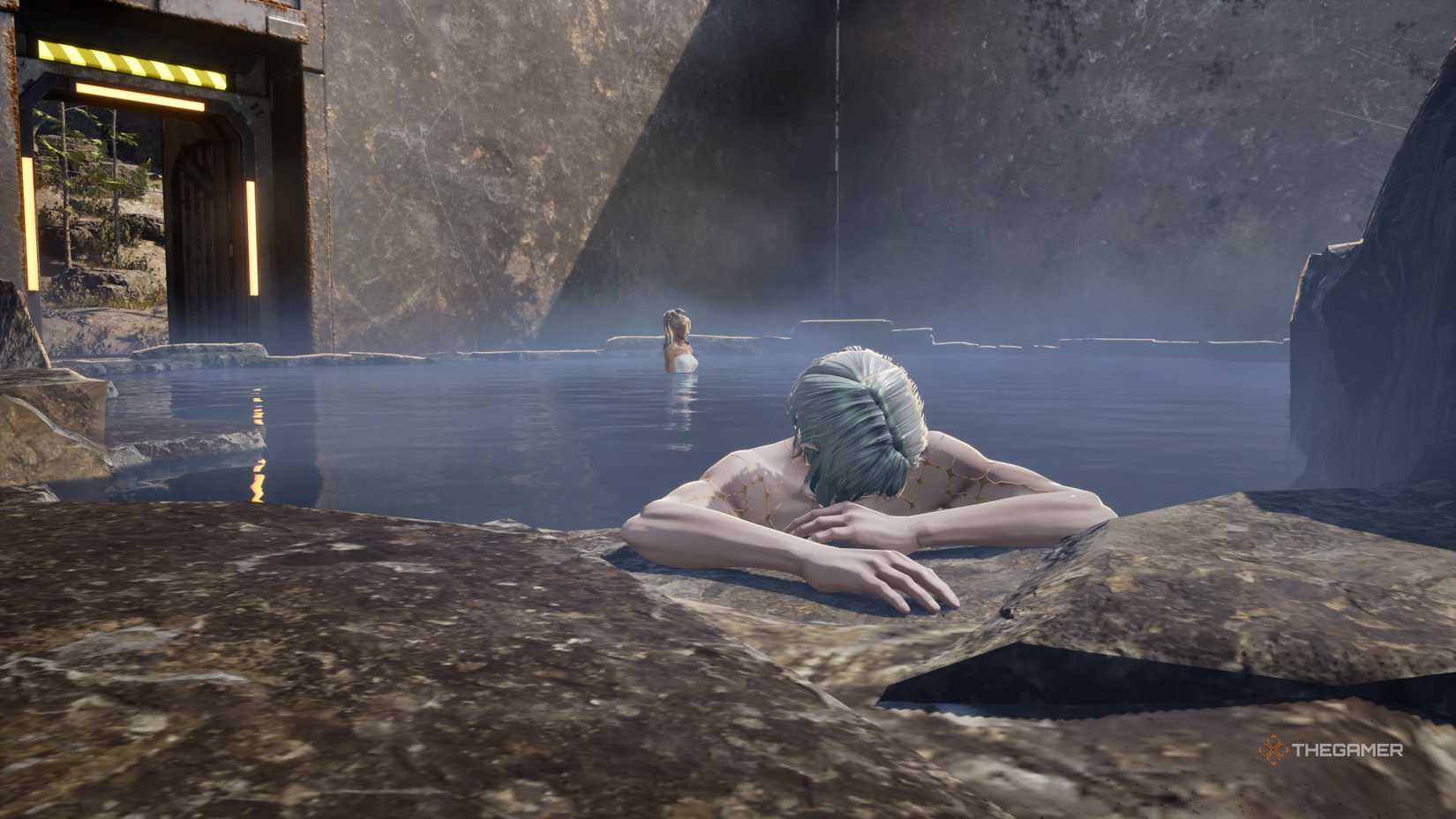 Player and Lyle together in a hot spring in Code Vein 2.