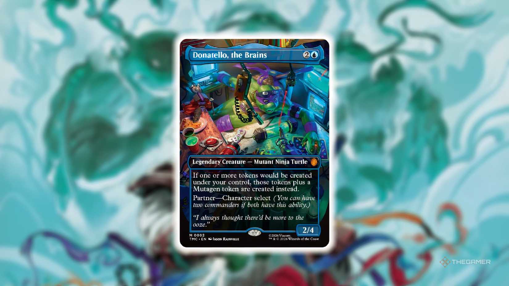 Donatello, Brains MTG card with TMNT Ronin background.