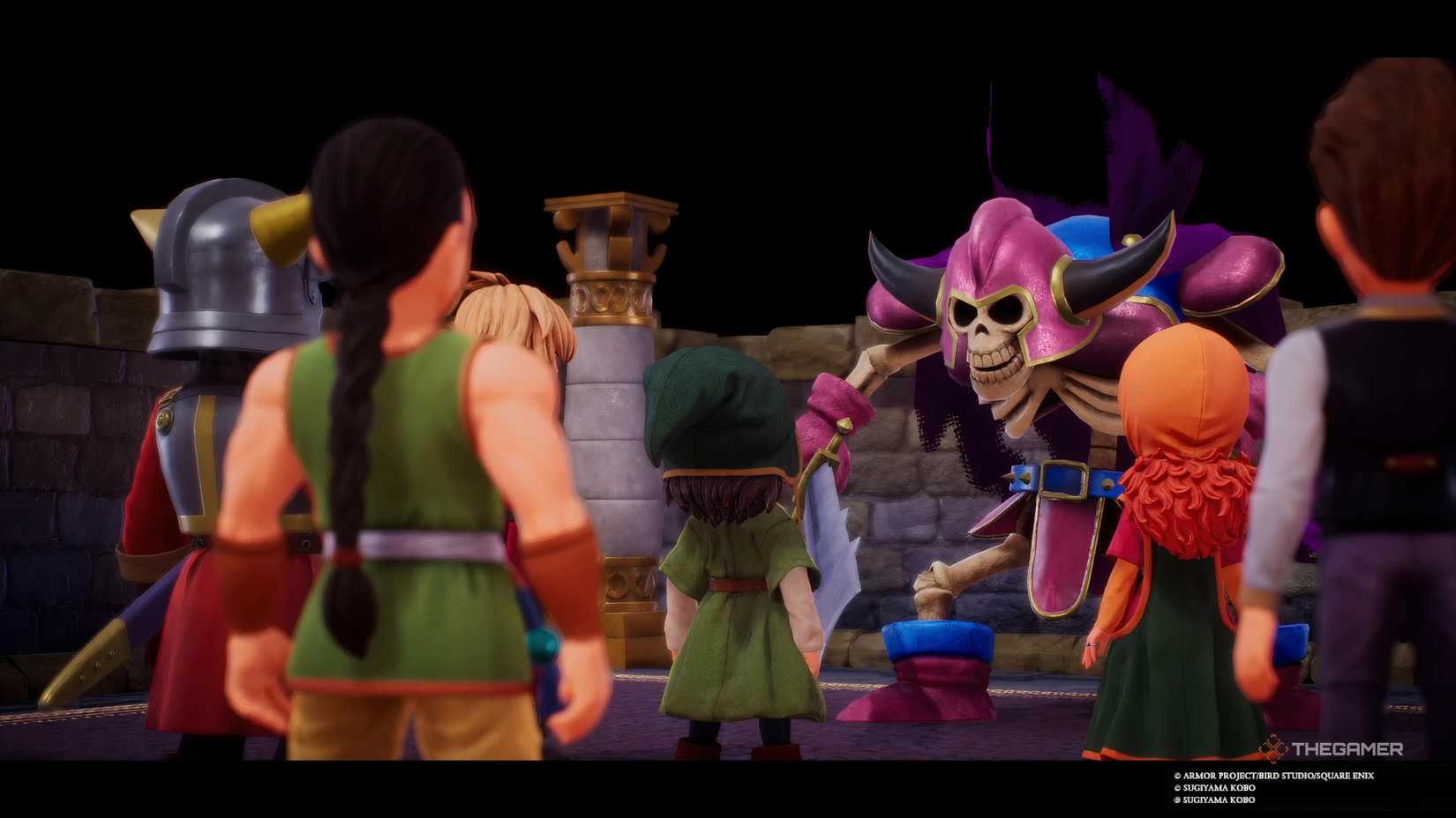 Maeve stares down the party and townspeople in Dragon Quest 7 Reimagined.