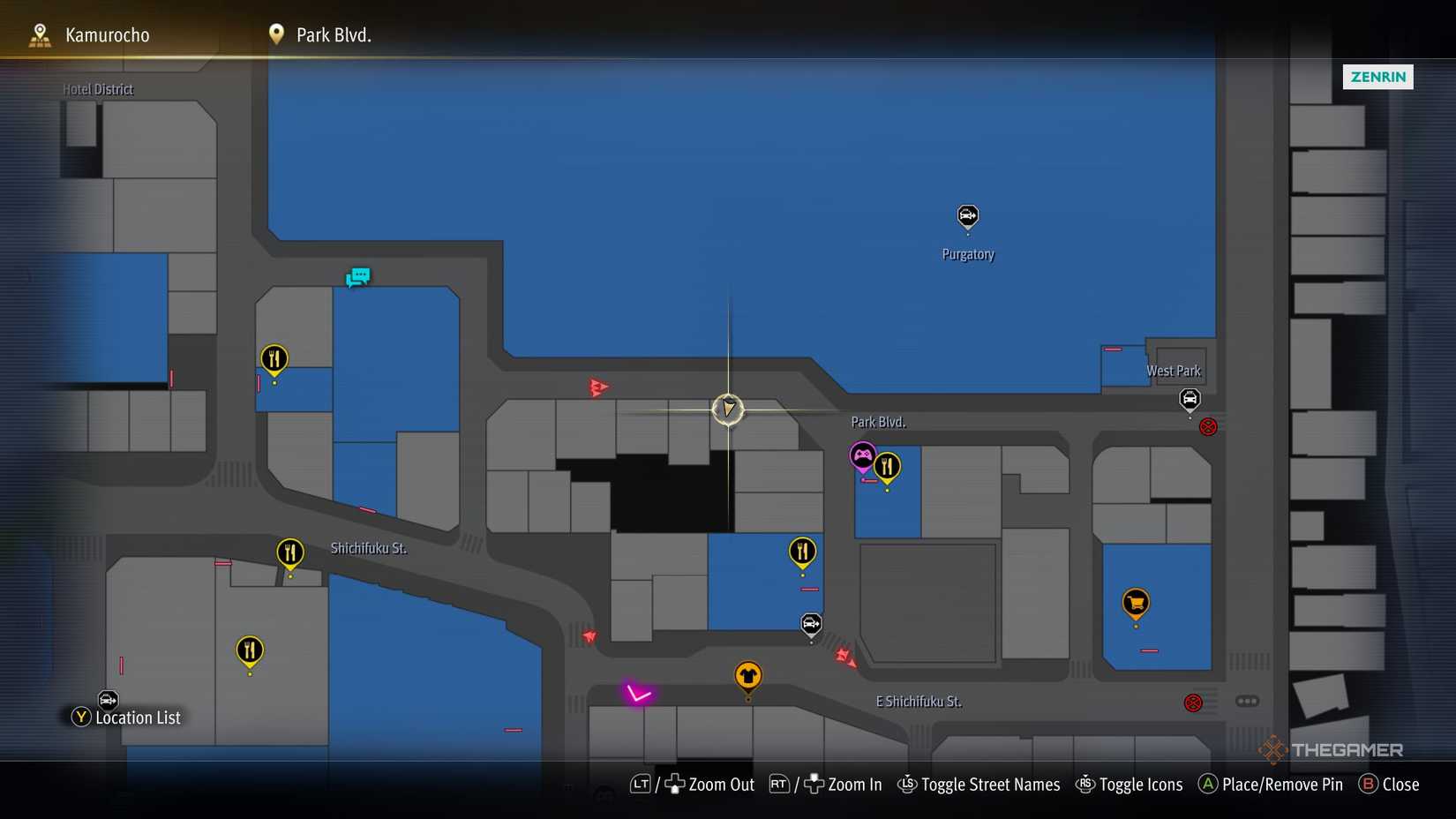F1 Kamurocho locker key location on the map in Yakuza Kiwami 3.