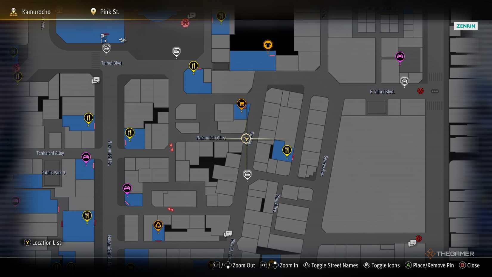 F5 Kamurocho locker key location on the map in Yakuza Kiwami 3.