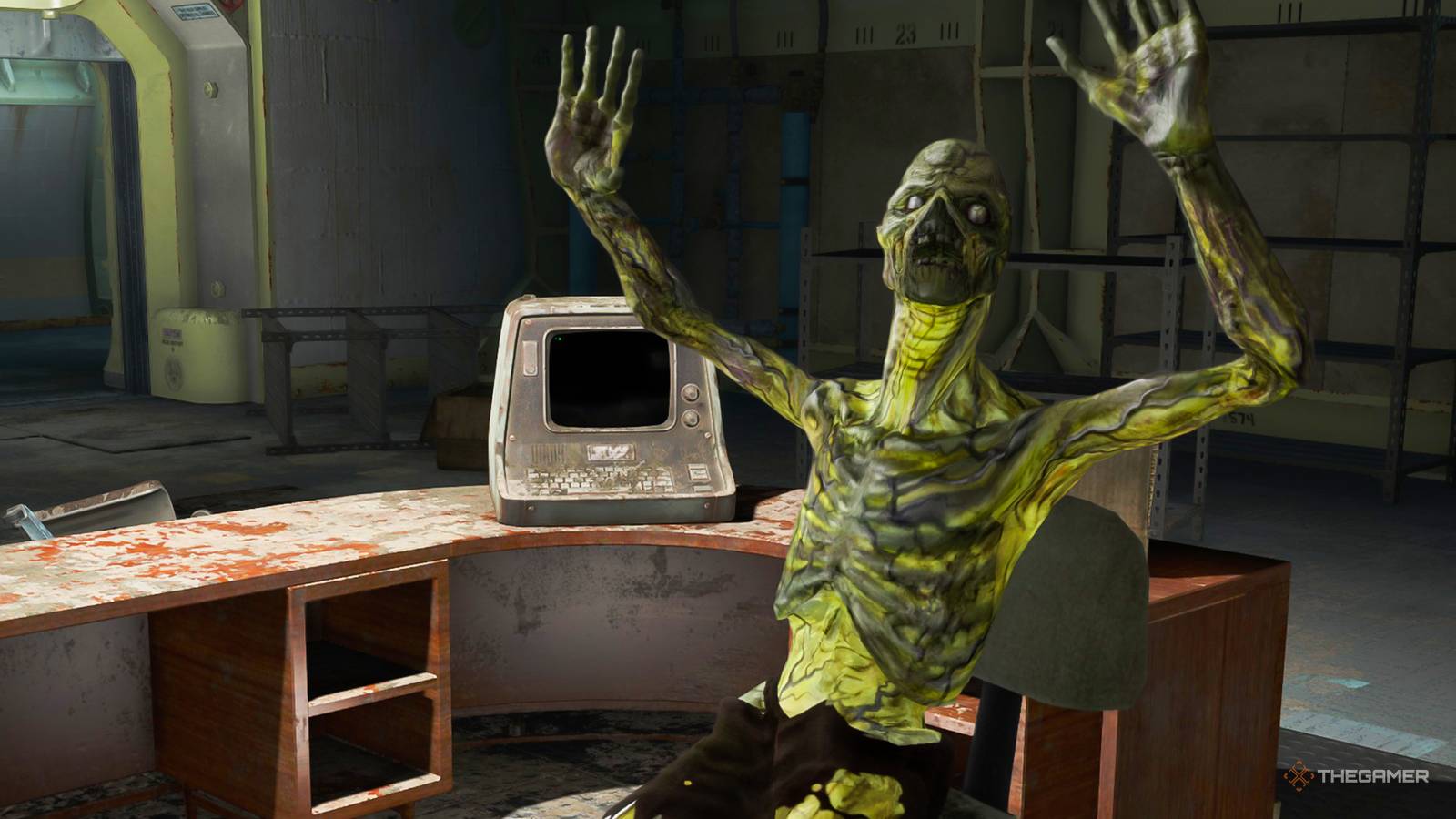 Glowing Ghoul sitting at a desk in Fallout 4