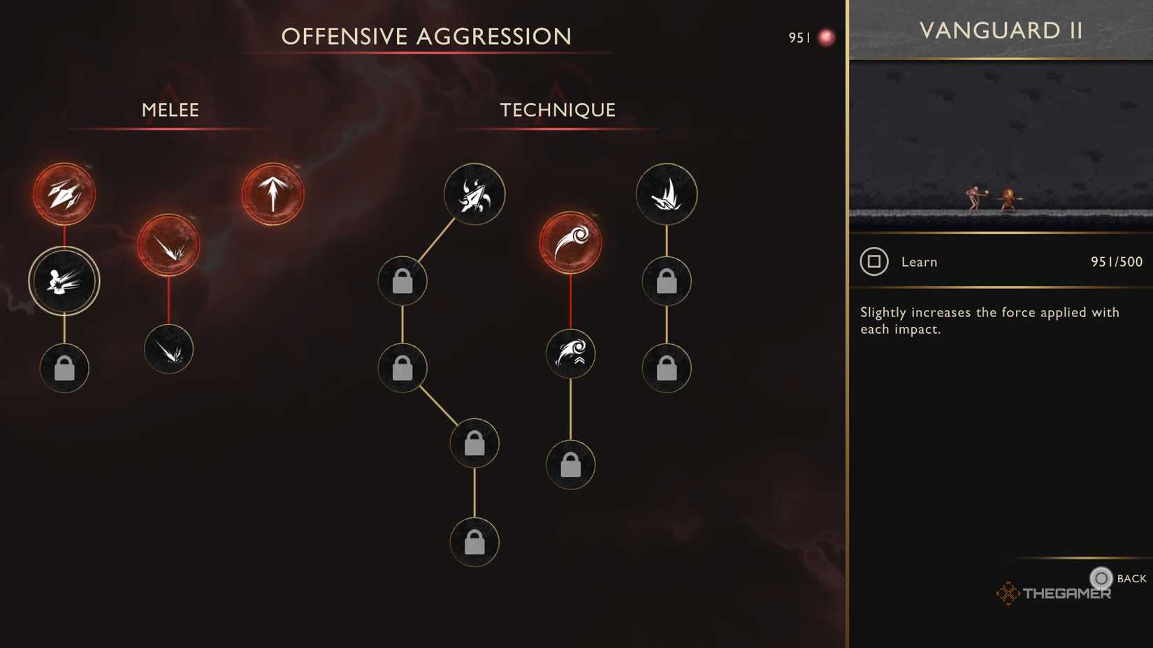 The Offensive Skills menu, showing the Vanguard II skill in God of War: Sons of Sparta.
