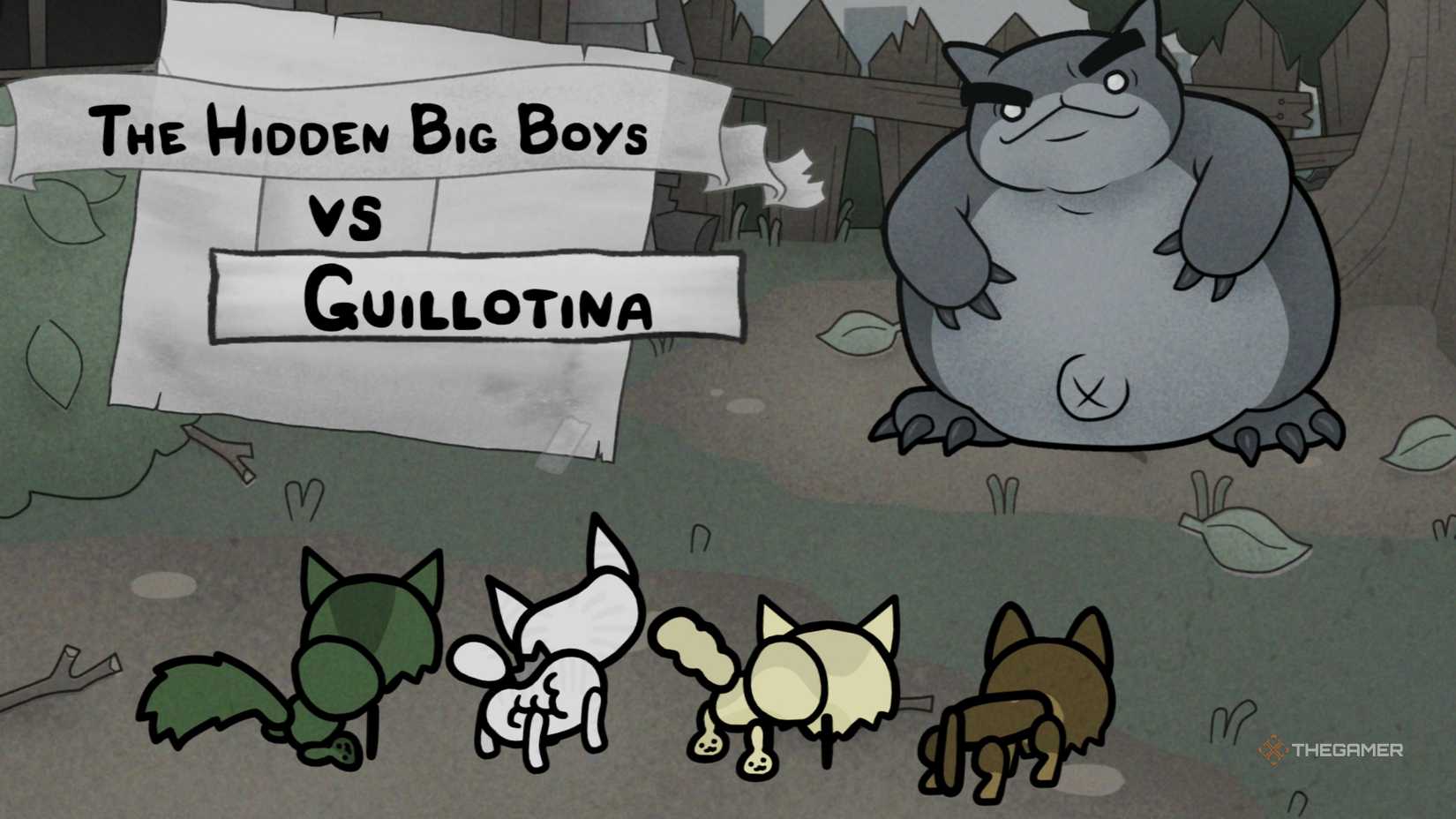 The Hidden Big Boys squaring off against Guillotina to defend their home base in Mewgenics.