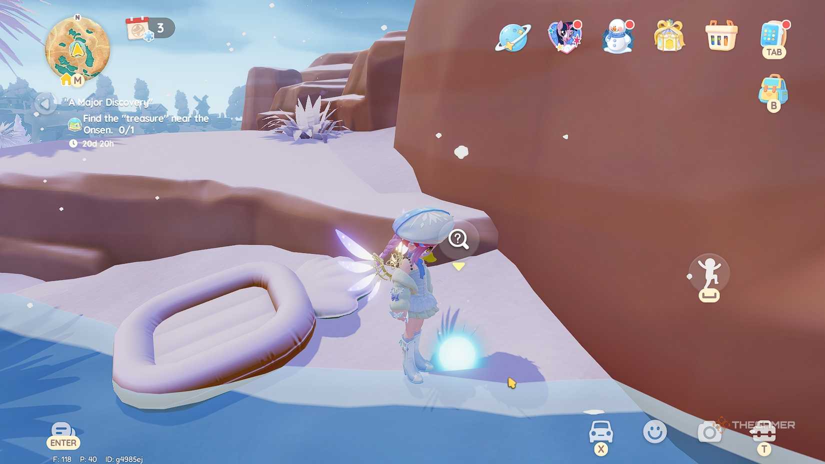 Heartopi The player standing next to a glowing orb in the onsen.