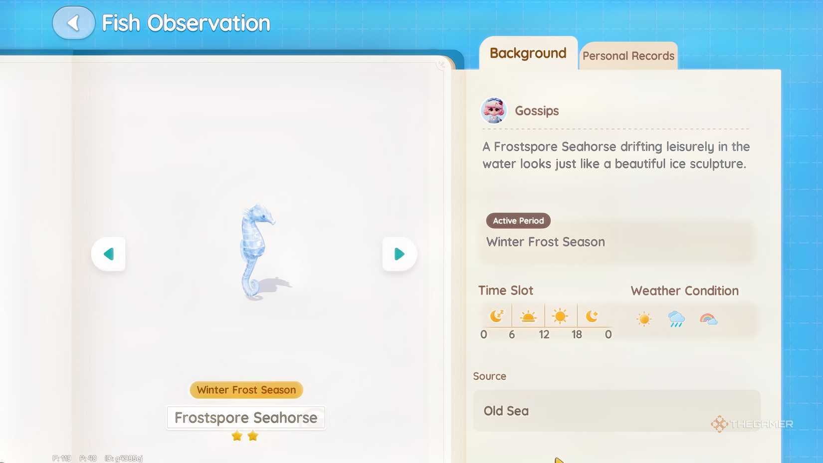 Journal entry of Heartopia frostspore seahorse.