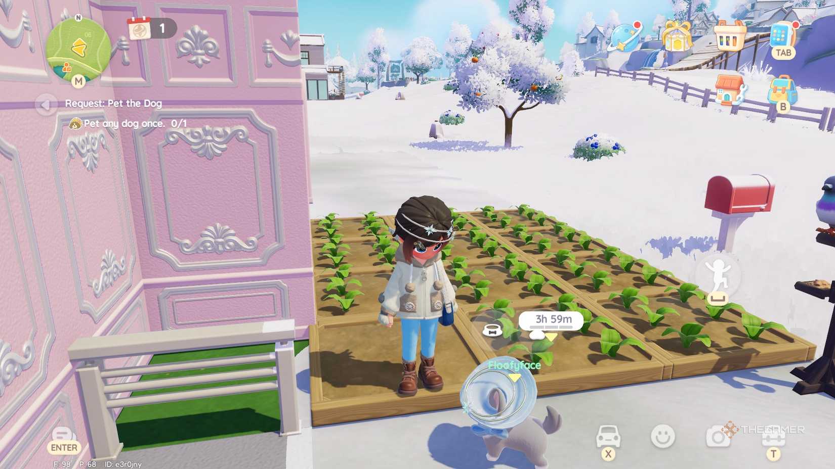 Heartpia character and dog near the garden.