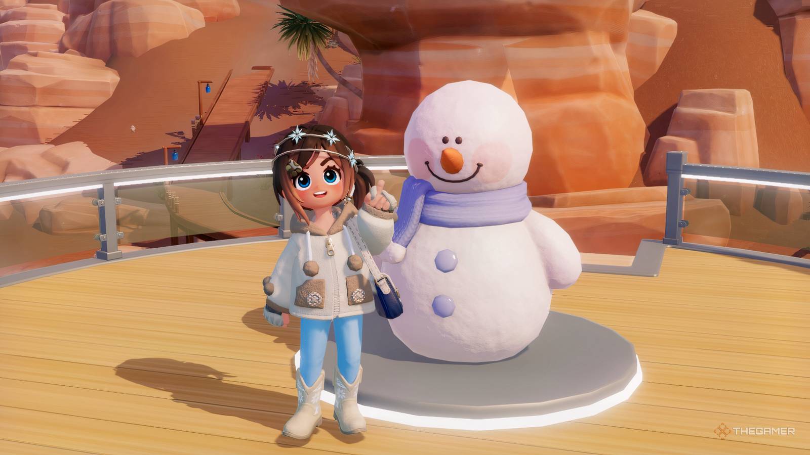 Heartpia character holding a snowman.