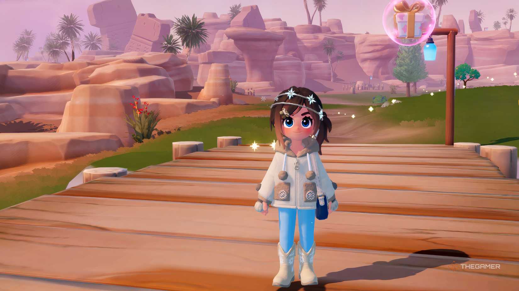 Heartopia character in winter clothes with gift bubbles.