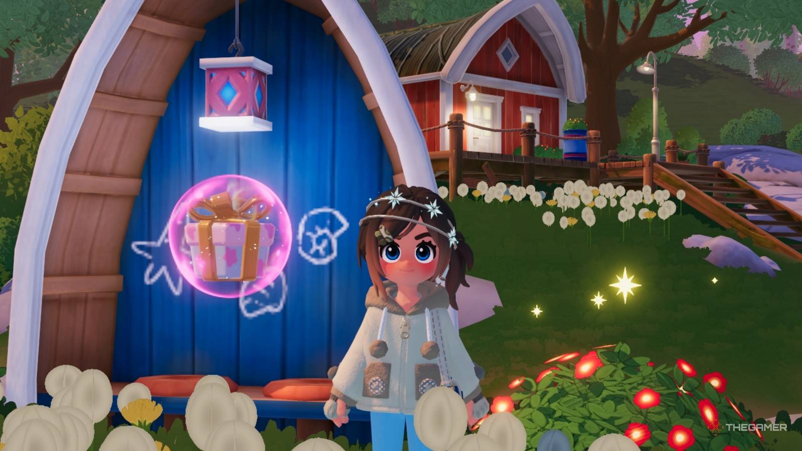 Heartpia pink bubble with characters and gift icons.