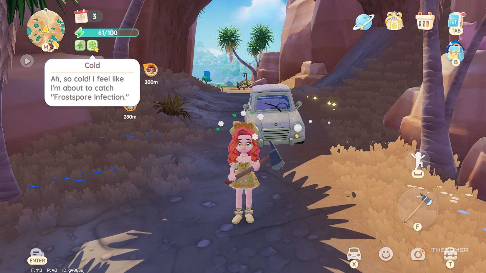 Heartopia Standing on Onsen Mountain with the Frostspore Infection buff.
