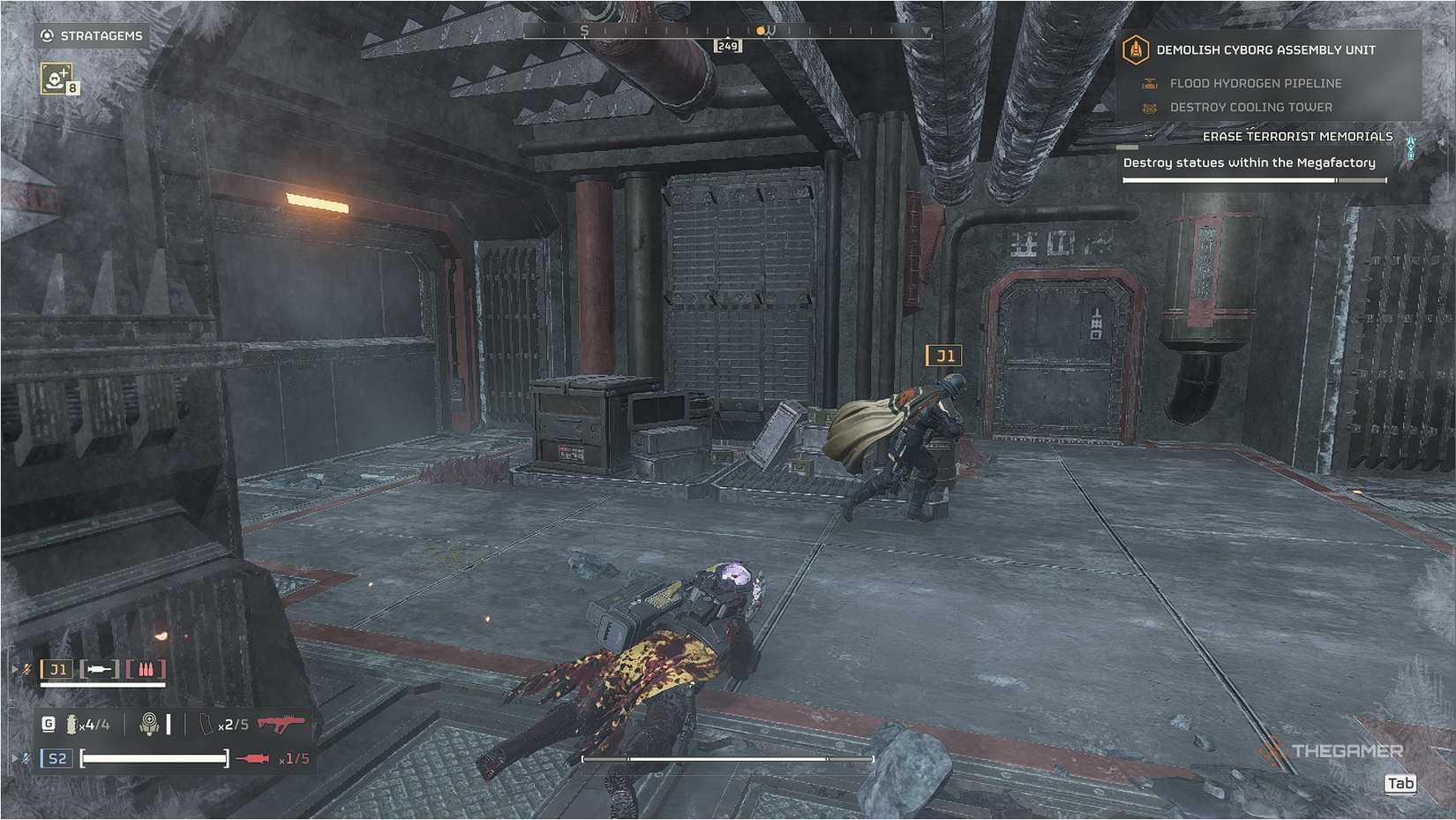 Helldivers 2 Helldiver runs while another slides across the floor.