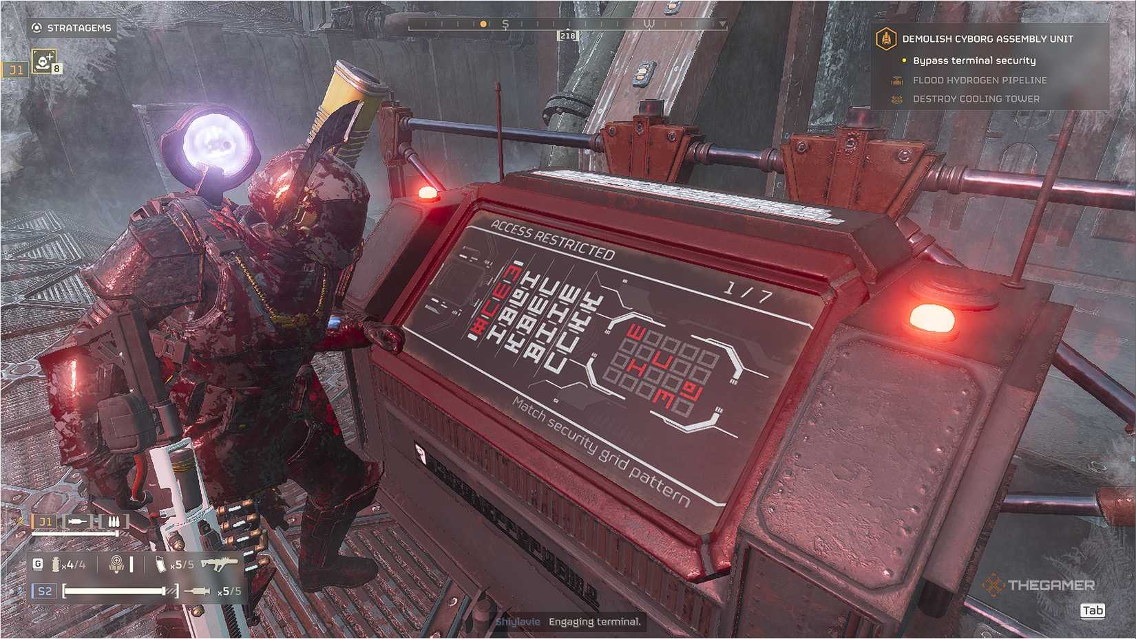 Helldivers 2 Cyborg Assembly Unit control room terminal interaction.