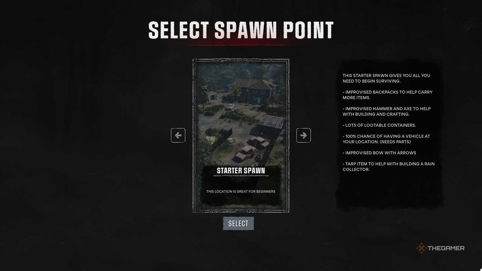 The spawn point menu in HumanitZ, showing the starter spawn.