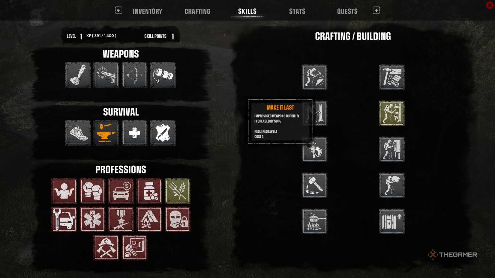 Crafting/Building skill tree in HumanitZ.