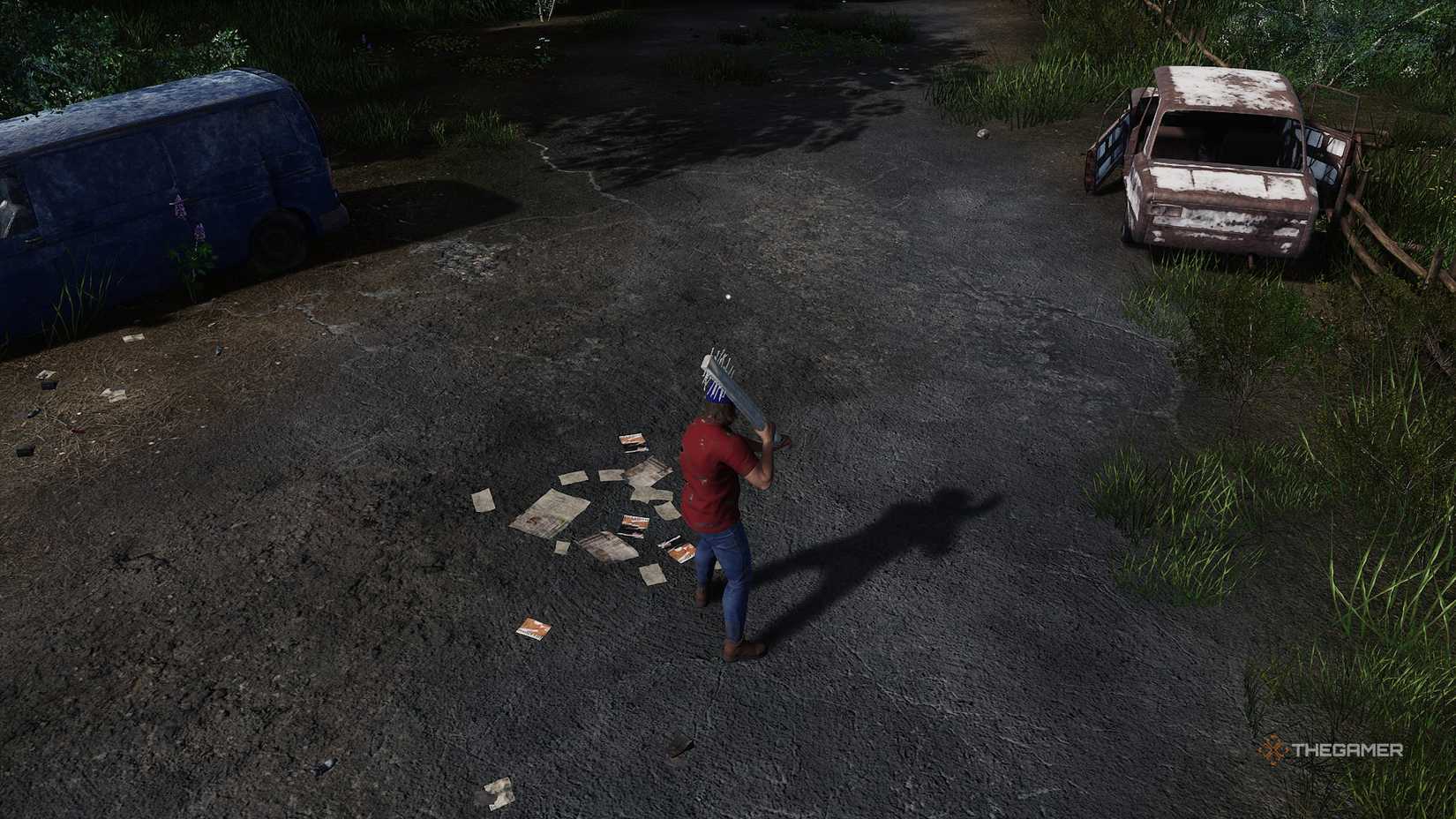 A character holding a nailed wooden weapon in HumanitZ.