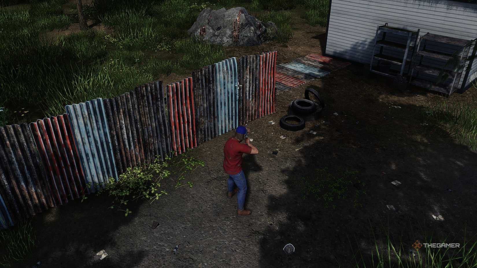 A character aiming at a wall with an AK47 in HumanitZ.